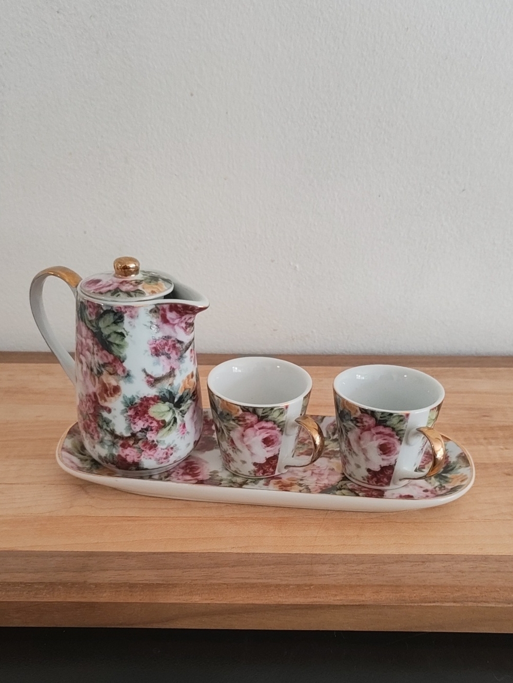 Vintage Adeline Fine Porcelain Miniature Coffee Set for Two • Pink Floral Gold